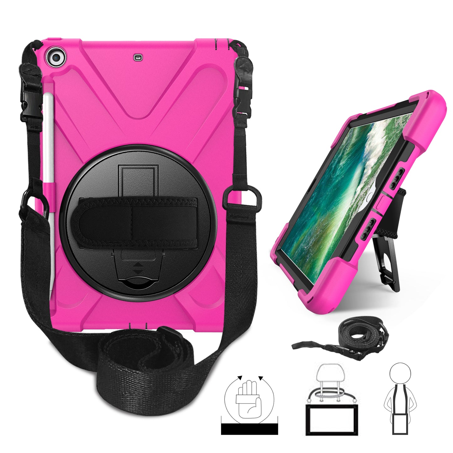 For iPad 9.7-inch (2018) / (2017) [X-Shape] PC + TPU Combo Case / 360 Degree Swivel Kickstand / Hand Strap and Shoulder Strap