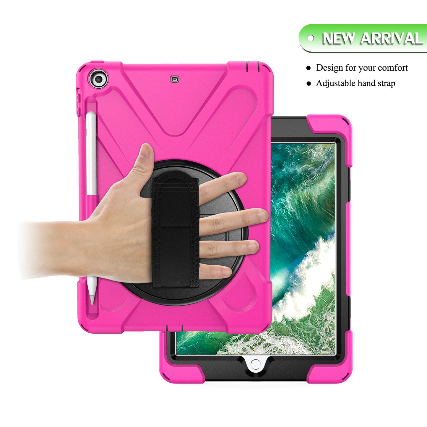 For iPad 9.7-inch (2018) / (2017) [X-Shape] PC + TPU Combo Case / 360 Degree Swivel Kickstand / Hand Strap and Shoulder Strap