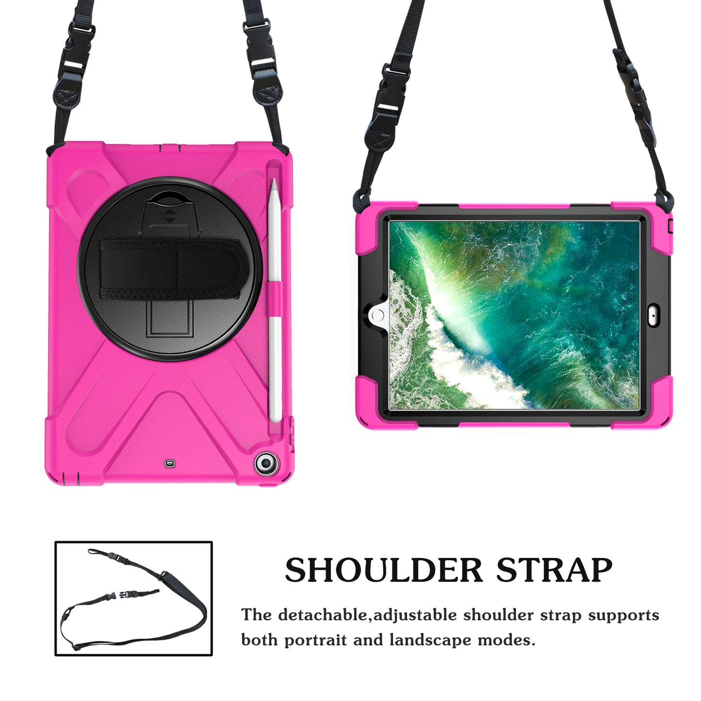 For iPad 9.7-inch (2018) / (2017) [X-Shape] PC + TPU Combo Case / 360 Degree Swivel Kickstand / Hand Strap and Shoulder Strap