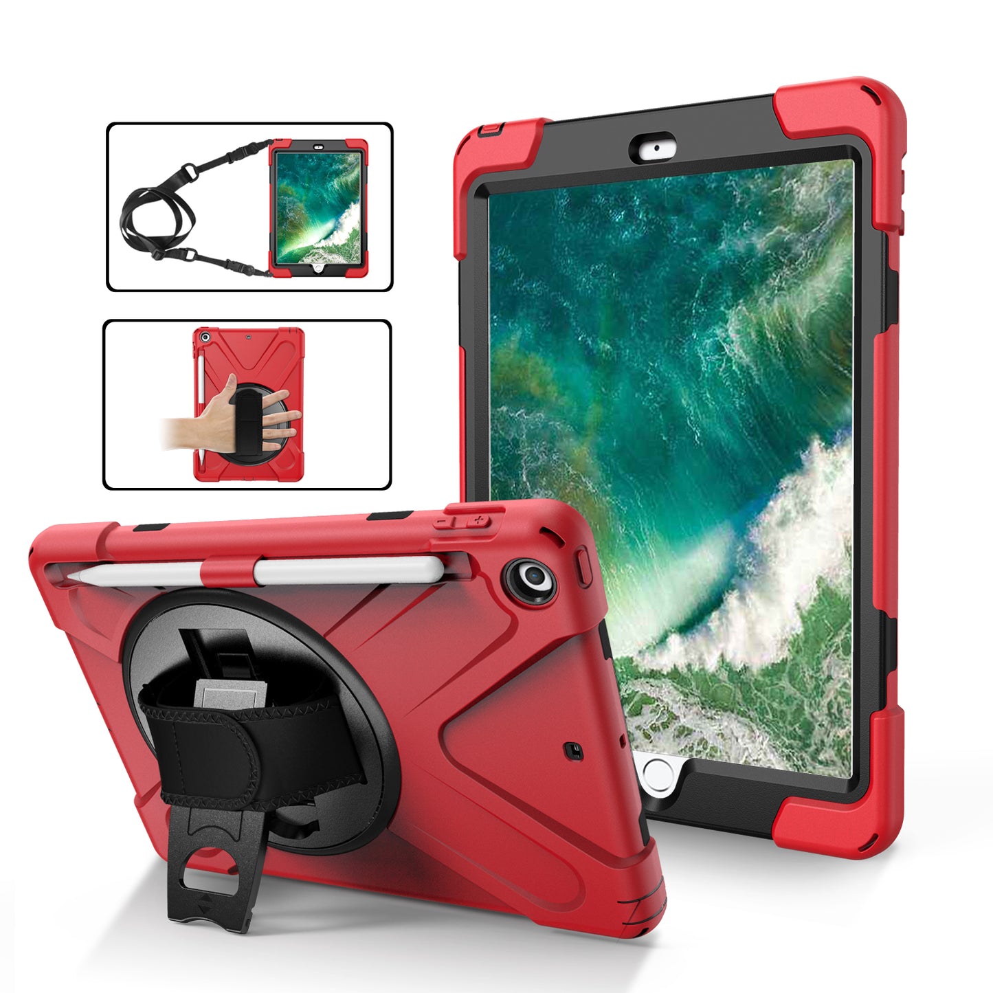 For iPad 9.7-inch (2018) / (2017) [X-Shape] PC + TPU Combo Case / 360 Degree Swivel Kickstand / Hand Strap and Shoulder Strap