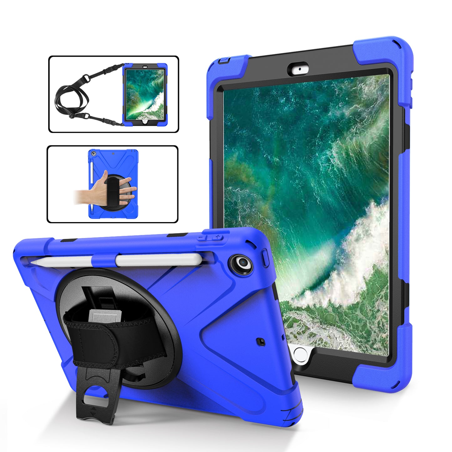 For iPad 9.7-inch (2018) / (2017) [X-Shape] PC + TPU Combo Case / 360 Degree Swivel Kickstand / Hand Strap and Shoulder Strap