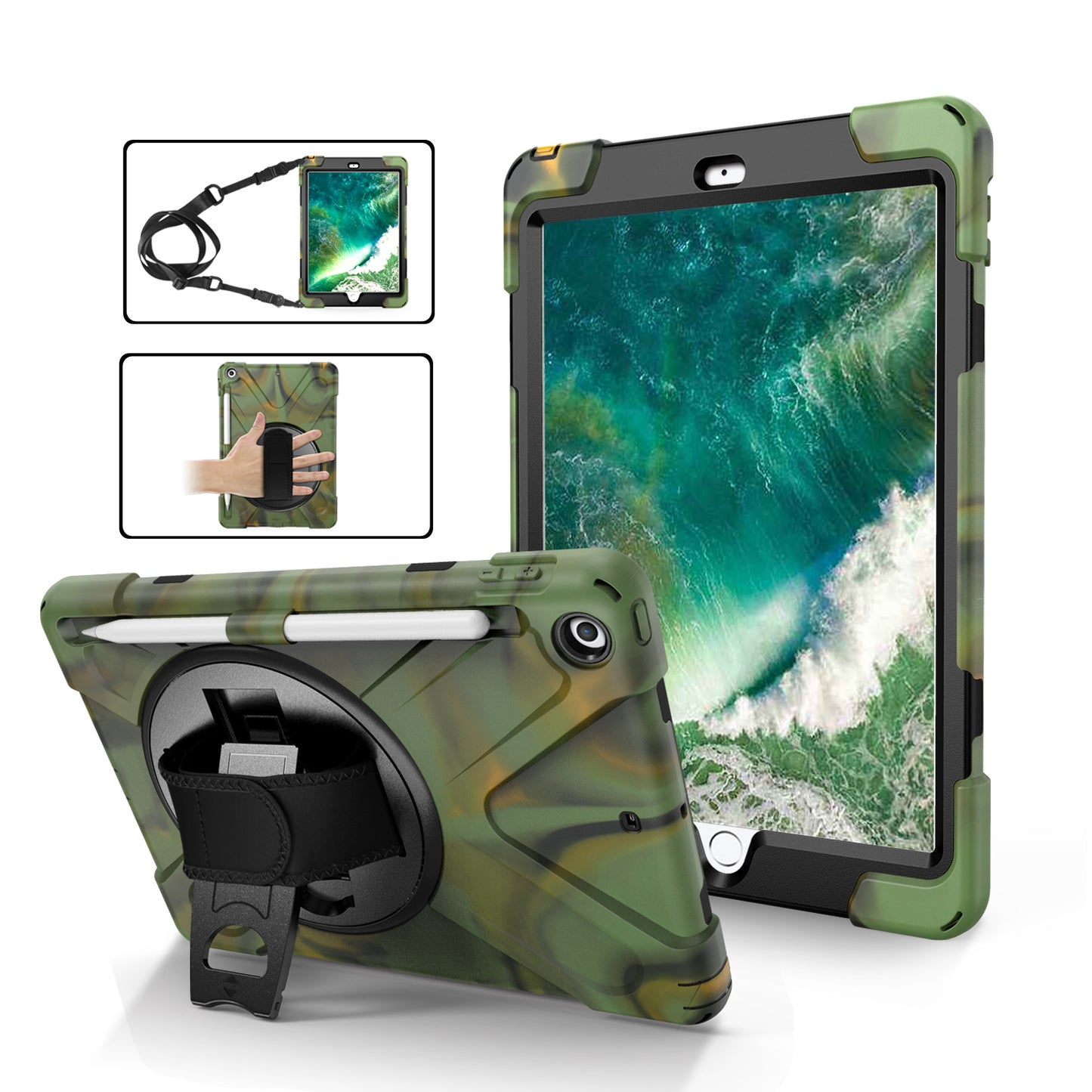 For iPad 9.7-inch (2018) / (2017) [X-Shape] PC + TPU Combo Case / 360 Degree Swivel Kickstand / Hand Strap and Shoulder Strap