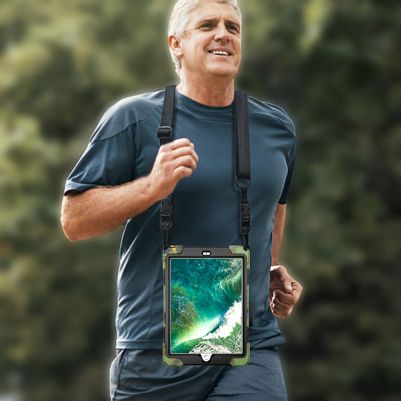 For iPad 9.7-inch (2018) / (2017) [X-Shape] PC + TPU Combo Case / 360 Degree Swivel Kickstand / Hand Strap and Shoulder Strap