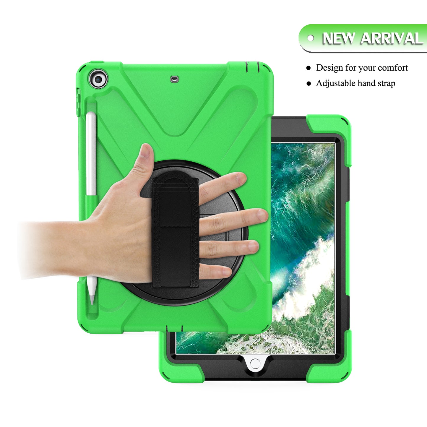 For iPad 9.7-inch (2018) / (2017) [X-Shape] PC + TPU Combo Case / 360 Degree Swivel Kickstand / Hand Strap and Shoulder Strap