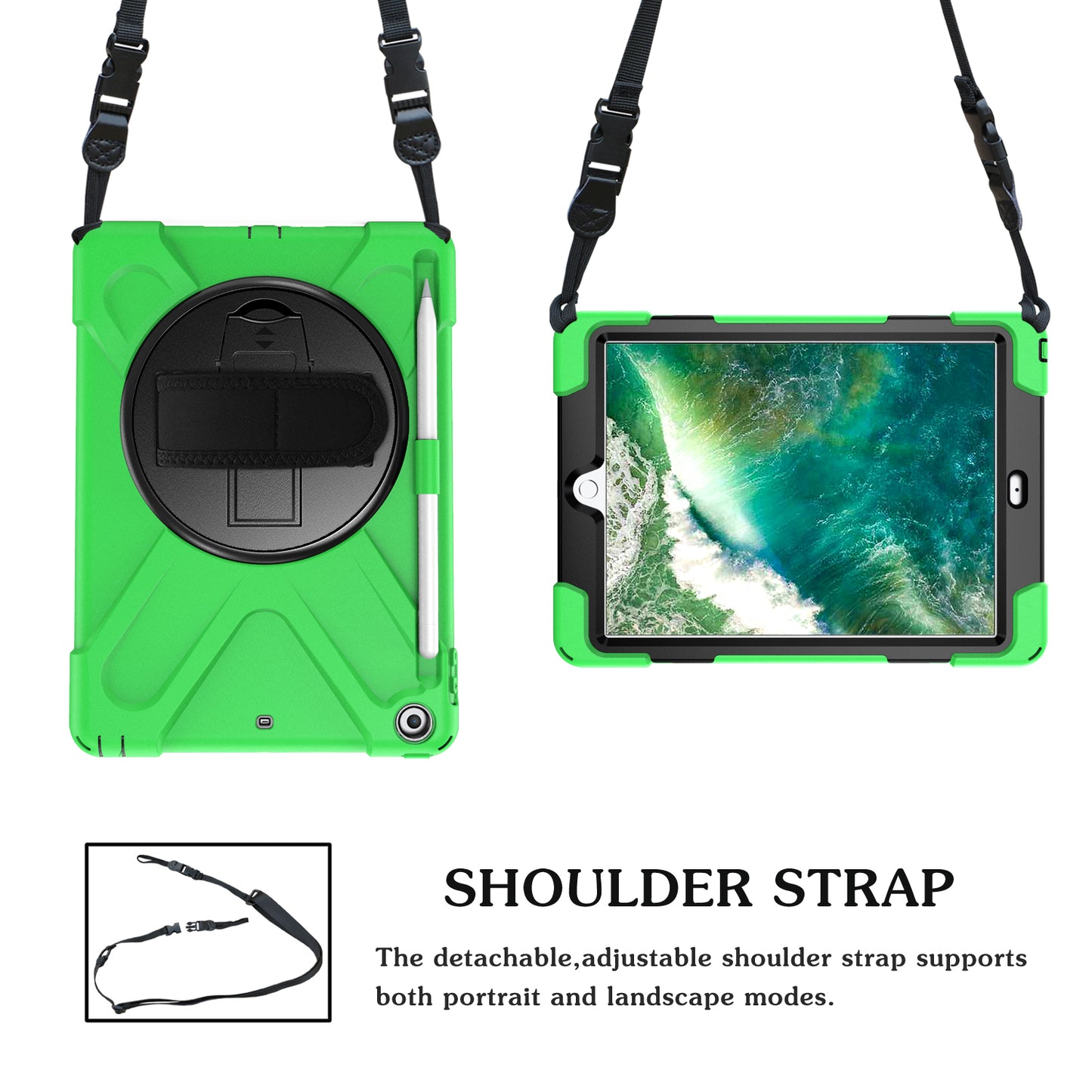 For iPad 9.7-inch (2018) / (2017) [X-Shape] PC + TPU Combo Case / 360 Degree Swivel Kickstand / Hand Strap and Shoulder Strap