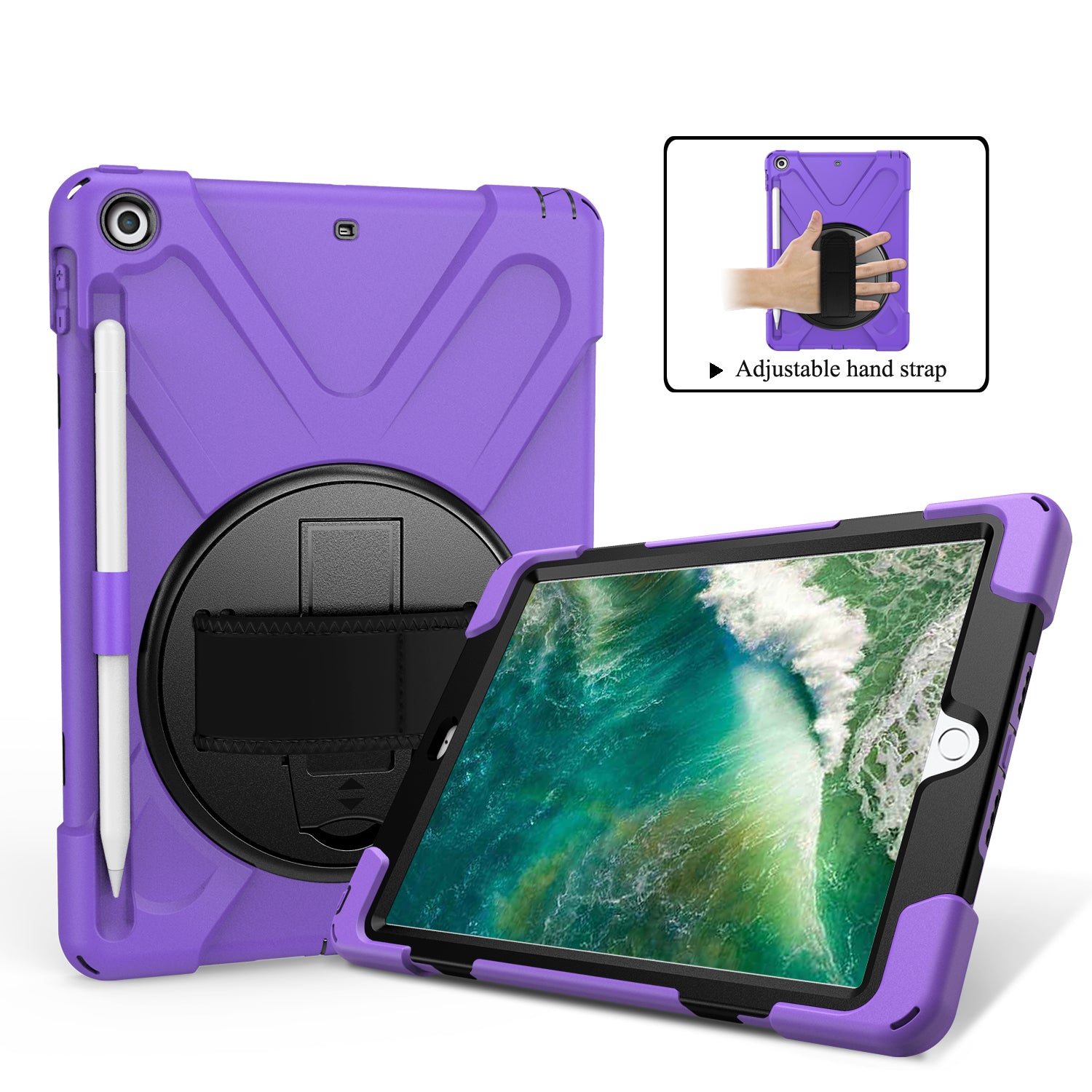 For iPad 9.7-inch (2018) / (2017) [X-Shape] PC + TPU Combo Case / 360 Degree Swivel Kickstand / Hand Strap and Shoulder Strap