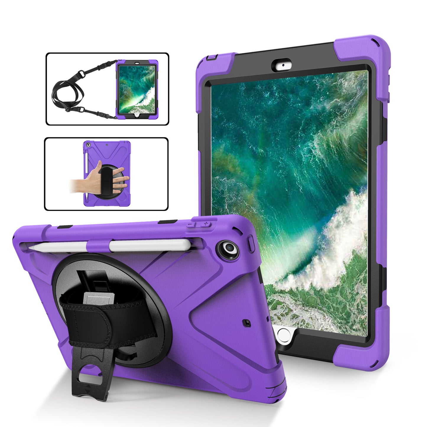 For iPad 9.7-inch (2018) / (2017) [X-Shape] PC + TPU Combo Case / 360 Degree Swivel Kickstand / Hand Strap and Shoulder Strap