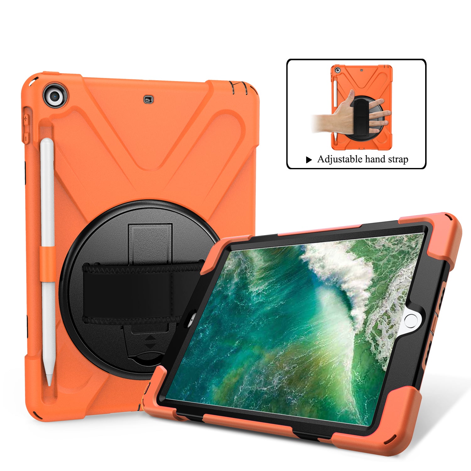 For iPad 9.7-inch (2018) / (2017) [X-Shape] PC + TPU Combo Case / 360 Degree Swivel Kickstand / Hand Strap and Shoulder Strap