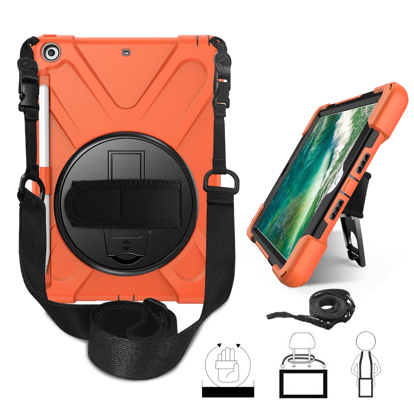 For iPad 9.7-inch (2018) / (2017) [X-Shape] PC + TPU Combo Case / 360 Degree Swivel Kickstand / Hand Strap and Shoulder Strap