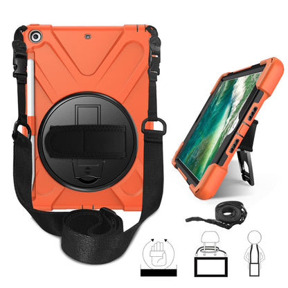 For iPad 9.7-inch (2018) / (2017) [X-Shape] PC + TPU Combo Case / 360 Degree Swivel Kickstand / Hand Strap and Shoulder Strap