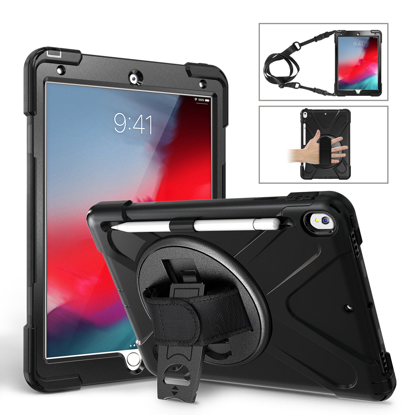 For iPad Air 10.5 inch (2019) [X-Shape] PC + TPU Combo 360 Degree Swivel Kickstand Case with Hand Strap and Shoulder Strap