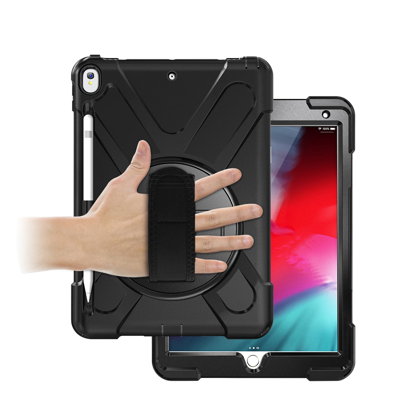 For iPad Air 10.5 inch (2019) [X-Shape] PC + TPU Combo 360 Degree Swivel Kickstand Case with Hand Strap and Shoulder Strap