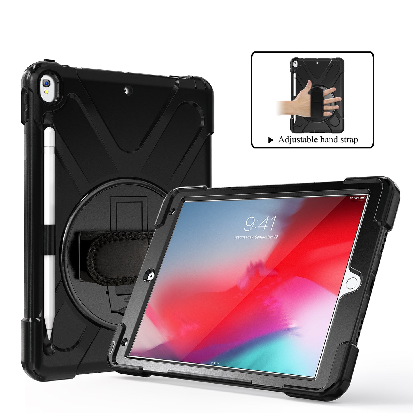 For iPad Air 10.5 inch (2019) [X-Shape] PC + TPU Combo 360 Degree Swivel Kickstand Case with Hand Strap and Shoulder Strap