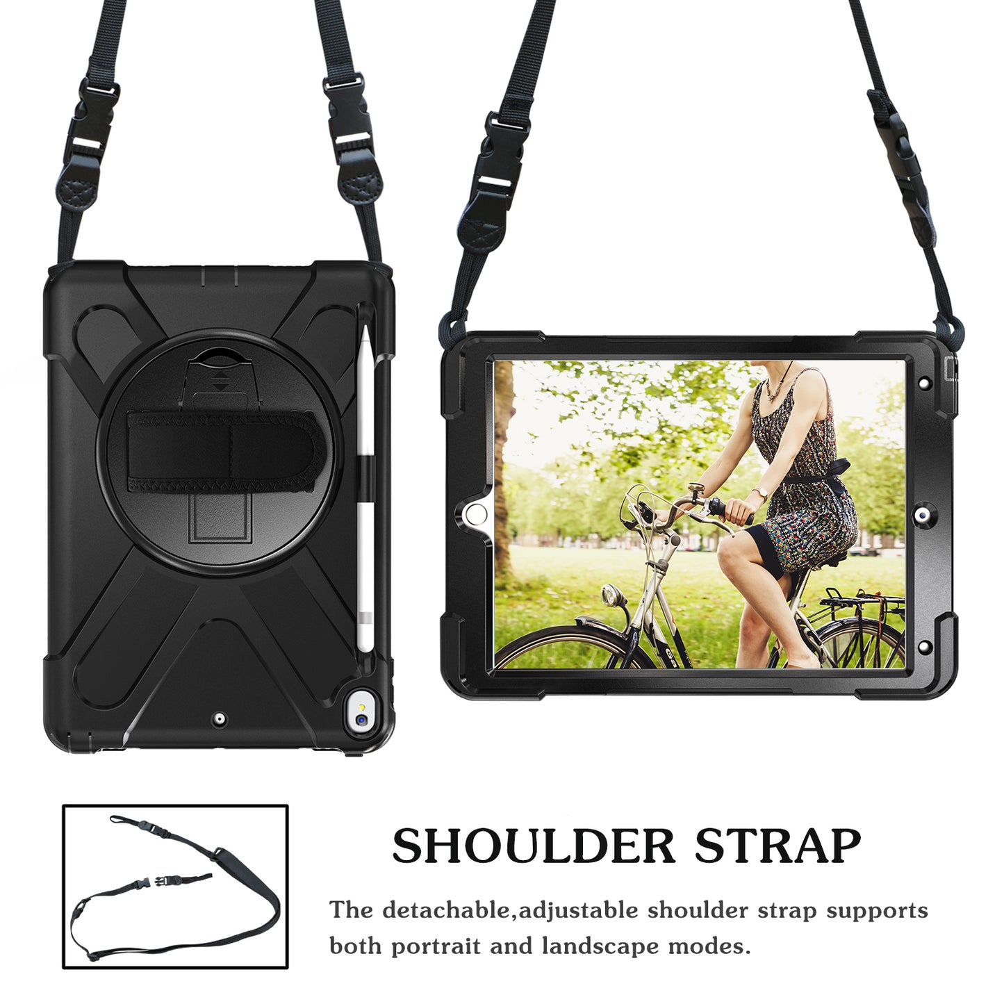 For iPad Air 10.5 inch (2019) [X-Shape] PC + TPU Combo 360 Degree Swivel Kickstand Case with Hand Strap and Shoulder Strap