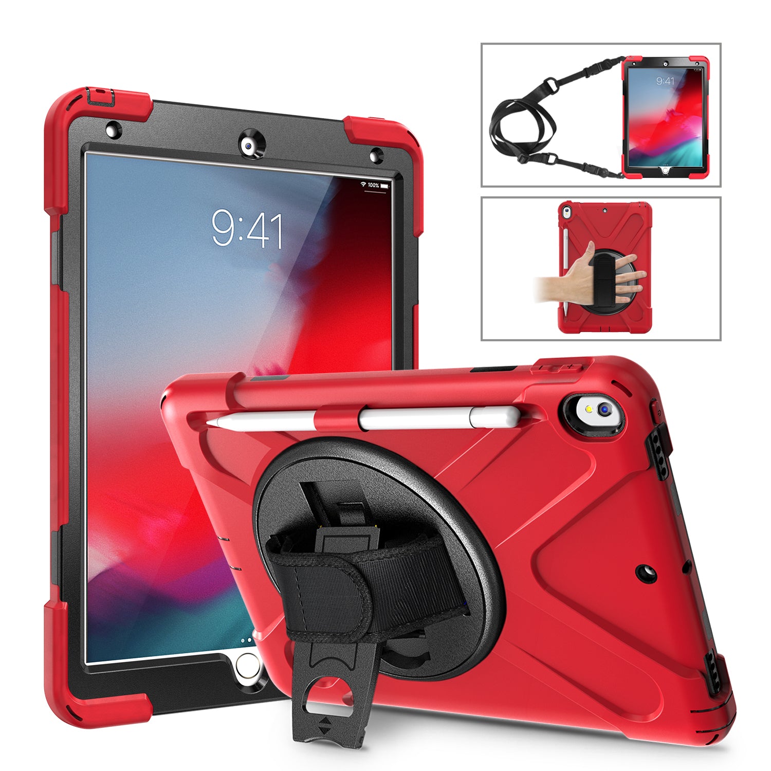 For iPad Air 10.5 inch (2019) [X-Shape] PC + TPU Combo 360 Degree Swivel Kickstand Case with Hand Strap and Shoulder Strap