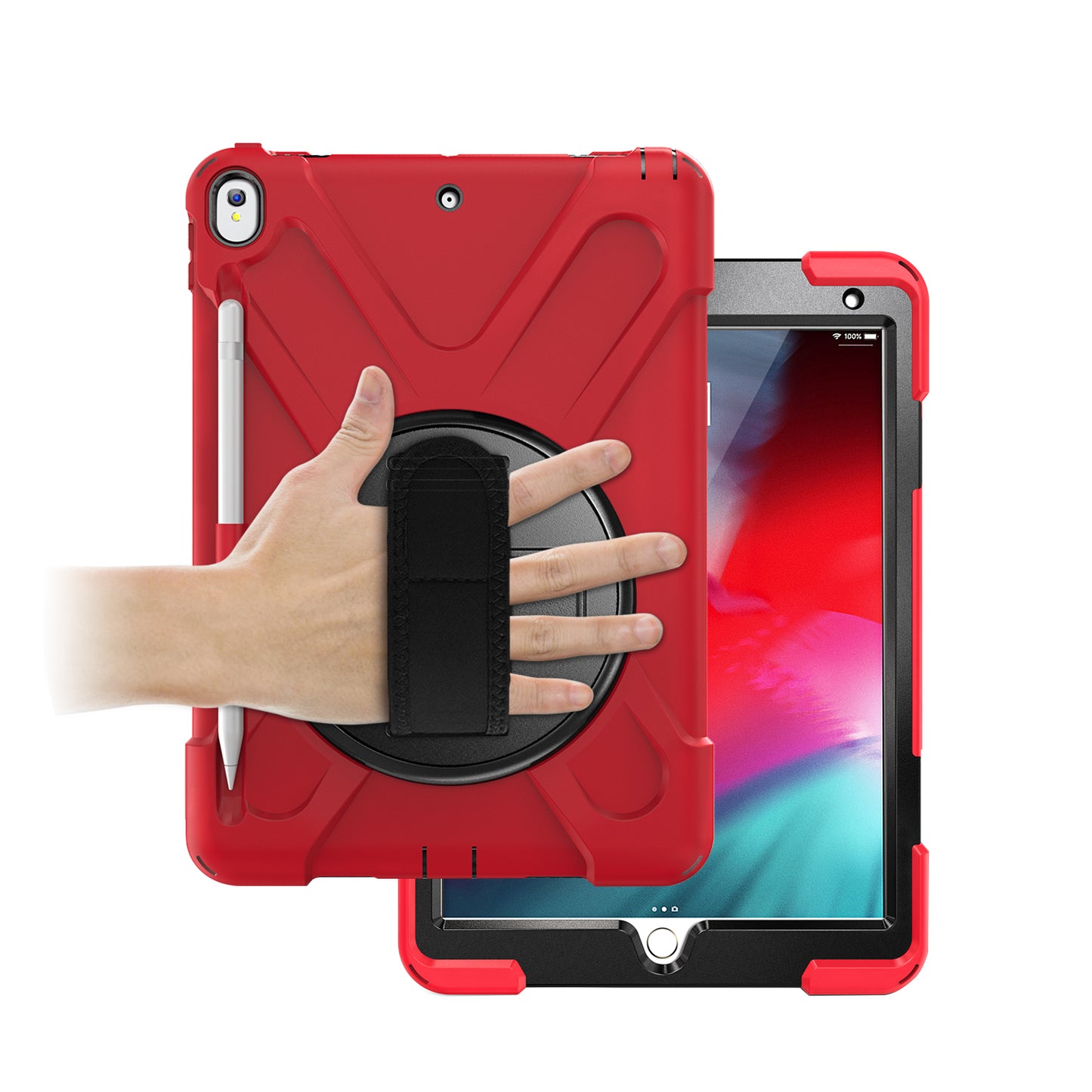 For iPad Air 10.5 inch (2019) [X-Shape] PC + TPU Combo 360 Degree Swivel Kickstand Case with Hand Strap and Shoulder Strap