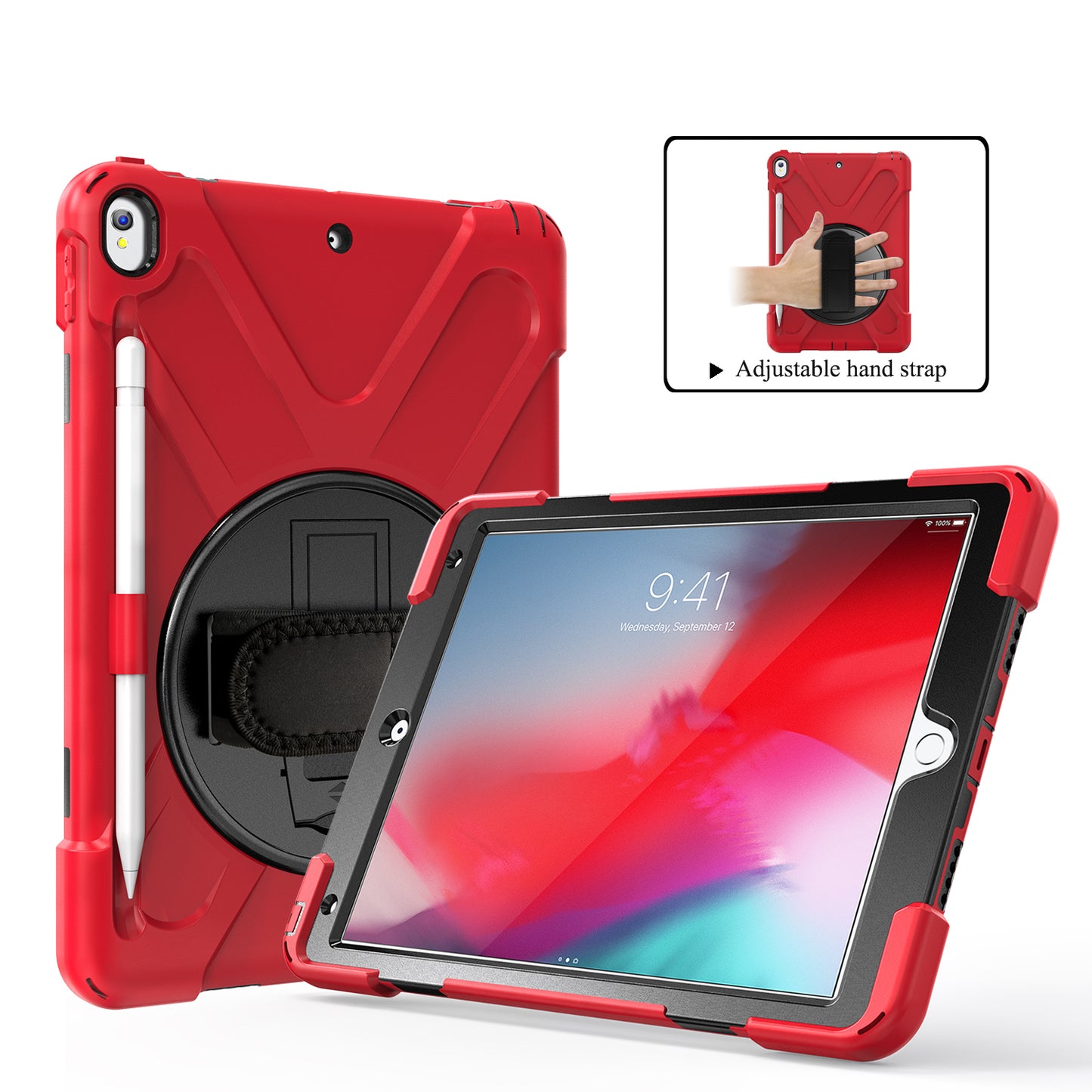 For iPad Air 10.5 inch (2019) [X-Shape] PC + TPU Combo 360 Degree Swivel Kickstand Case with Hand Strap and Shoulder Strap