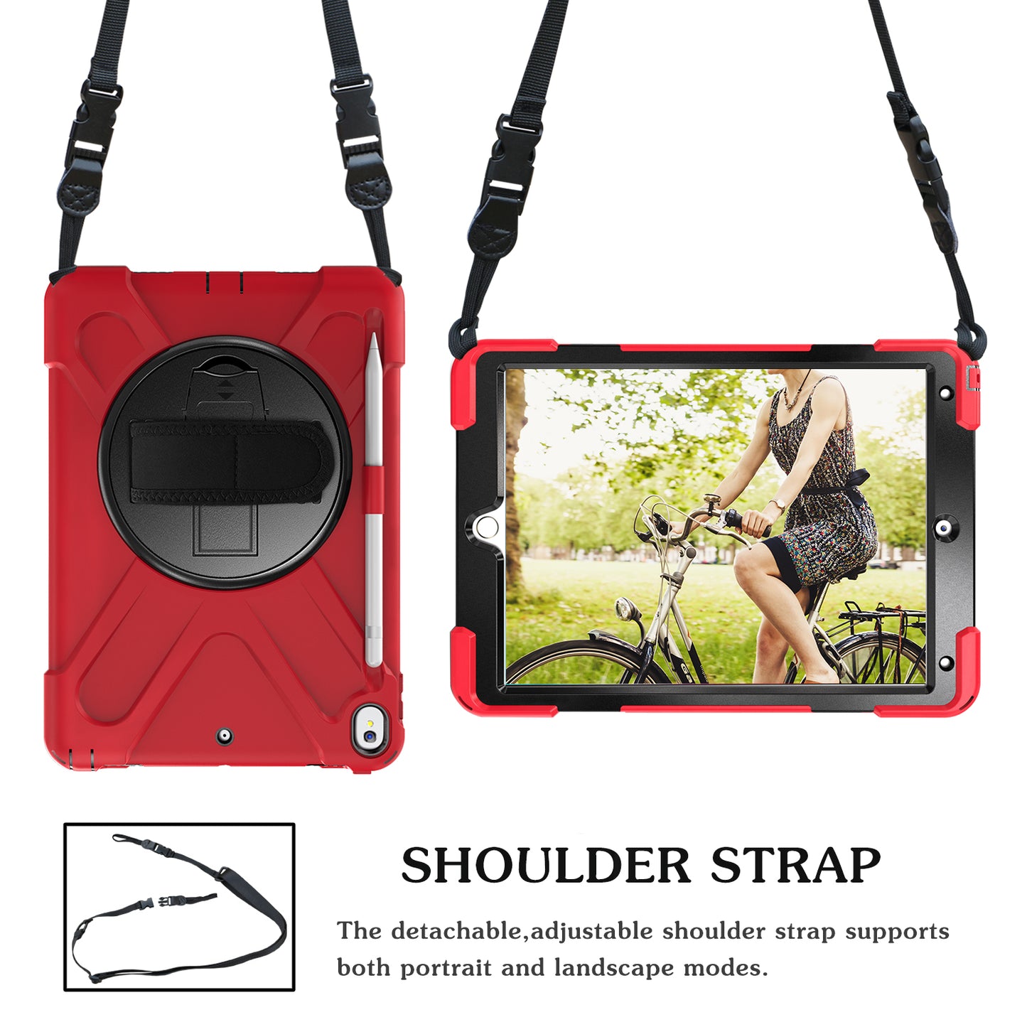 For iPad Air 10.5 inch (2019) [X-Shape] PC + TPU Combo 360 Degree Swivel Kickstand Case with Hand Strap and Shoulder Strap