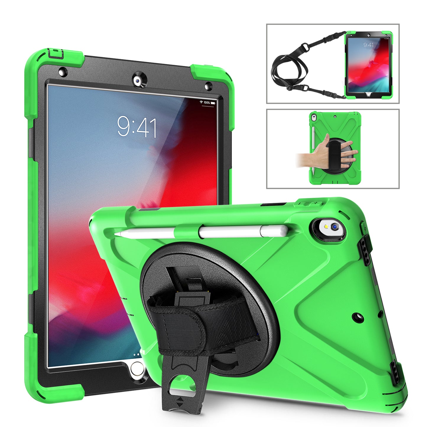 For iPad Air 10.5 inch (2019) [X-Shape] PC + TPU Combo 360 Degree Swivel Kickstand Case with Hand Strap and Shoulder Strap