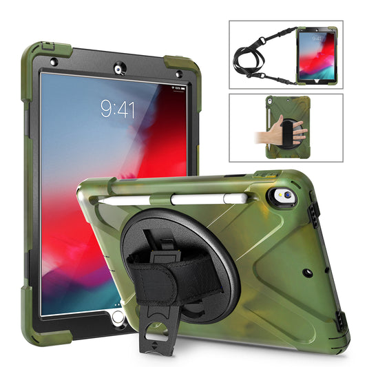 For iPad Air 10.5 inch (2019) [X-Shape] PC + TPU Combo 360 Degree Swivel Kickstand Case with Hand Strap and Shoulder Strap