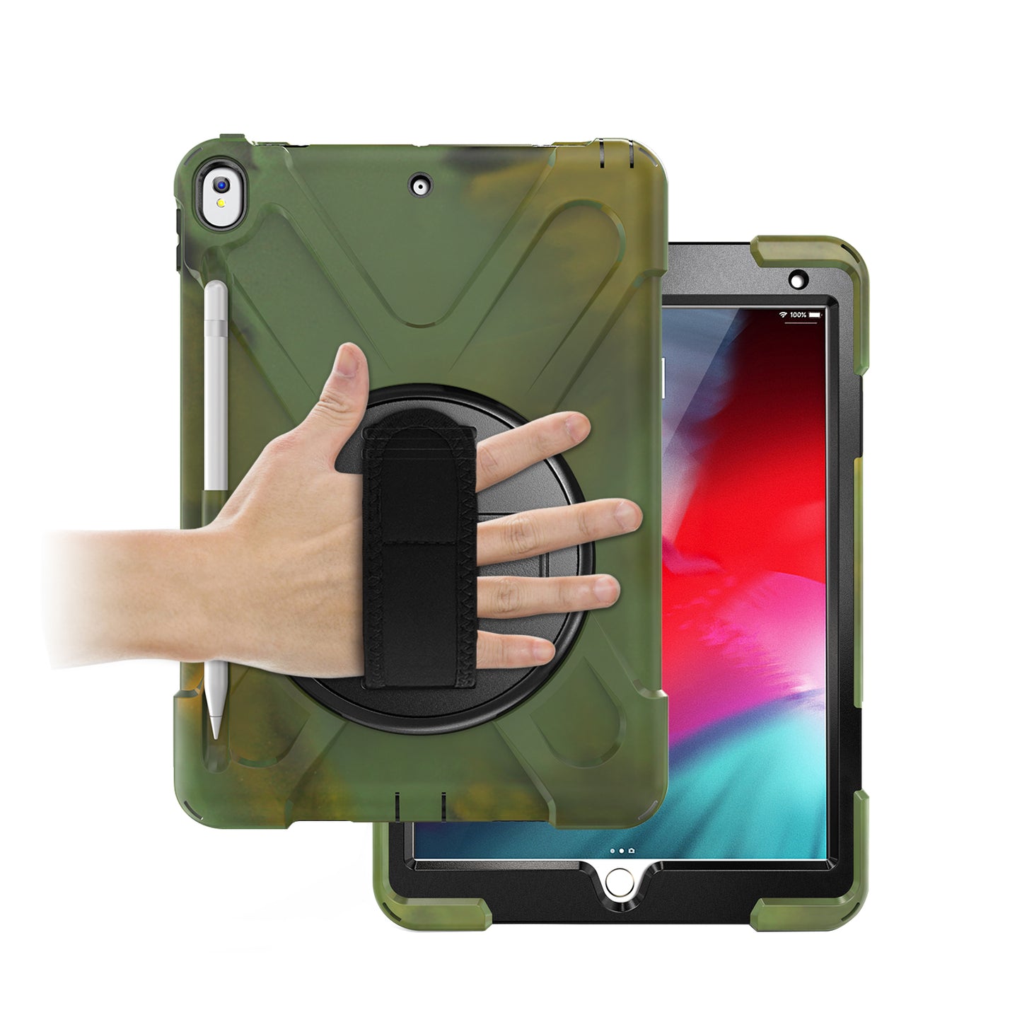 For iPad Air 10.5 inch (2019) [X-Shape] PC + TPU Combo 360 Degree Swivel Kickstand Case with Hand Strap and Shoulder Strap