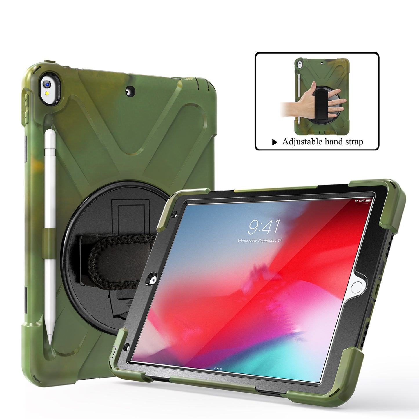For iPad Air 10.5 inch (2019) [X-Shape] PC + TPU Combo 360 Degree Swivel Kickstand Case with Hand Strap and Shoulder Strap