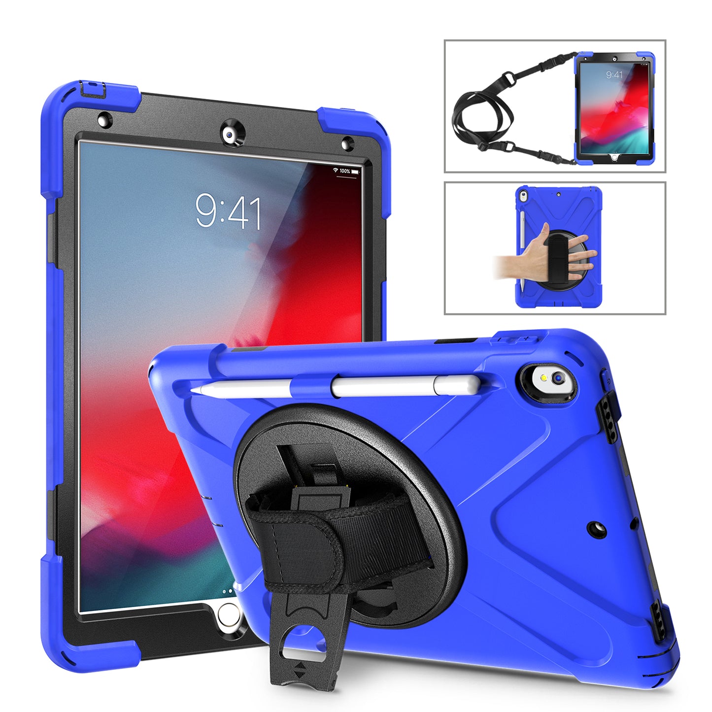 For iPad Air 10.5 inch (2019) [X-Shape] PC + TPU Combo 360 Degree Swivel Kickstand Case with Hand Strap and Shoulder Strap