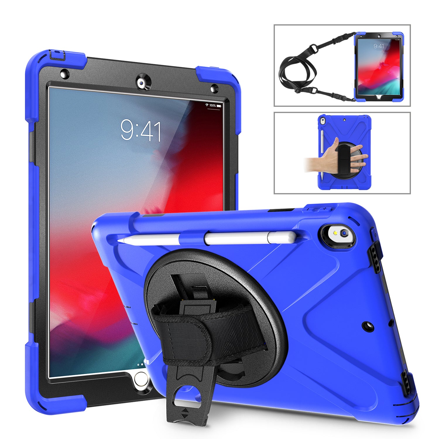 For iPad Air 10.5 inch (2019) [X-Shape] PC + TPU Combo 360 Degree Swivel Kickstand Case with Hand Strap and Shoulder Strap