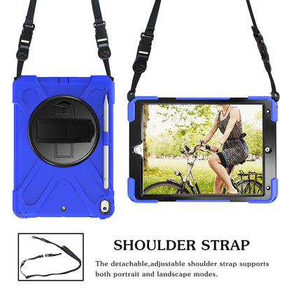 For iPad Air 10.5 inch (2019) [X-Shape] PC + TPU Combo 360 Degree Swivel Kickstand Case with Hand Strap and Shoulder Strap