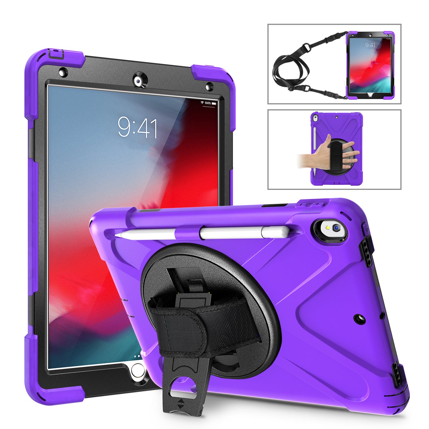 For iPad Air 10.5 inch (2019) [X-Shape] PC + TPU Combo 360 Degree Swivel Kickstand Case with Hand Strap and Shoulder Strap