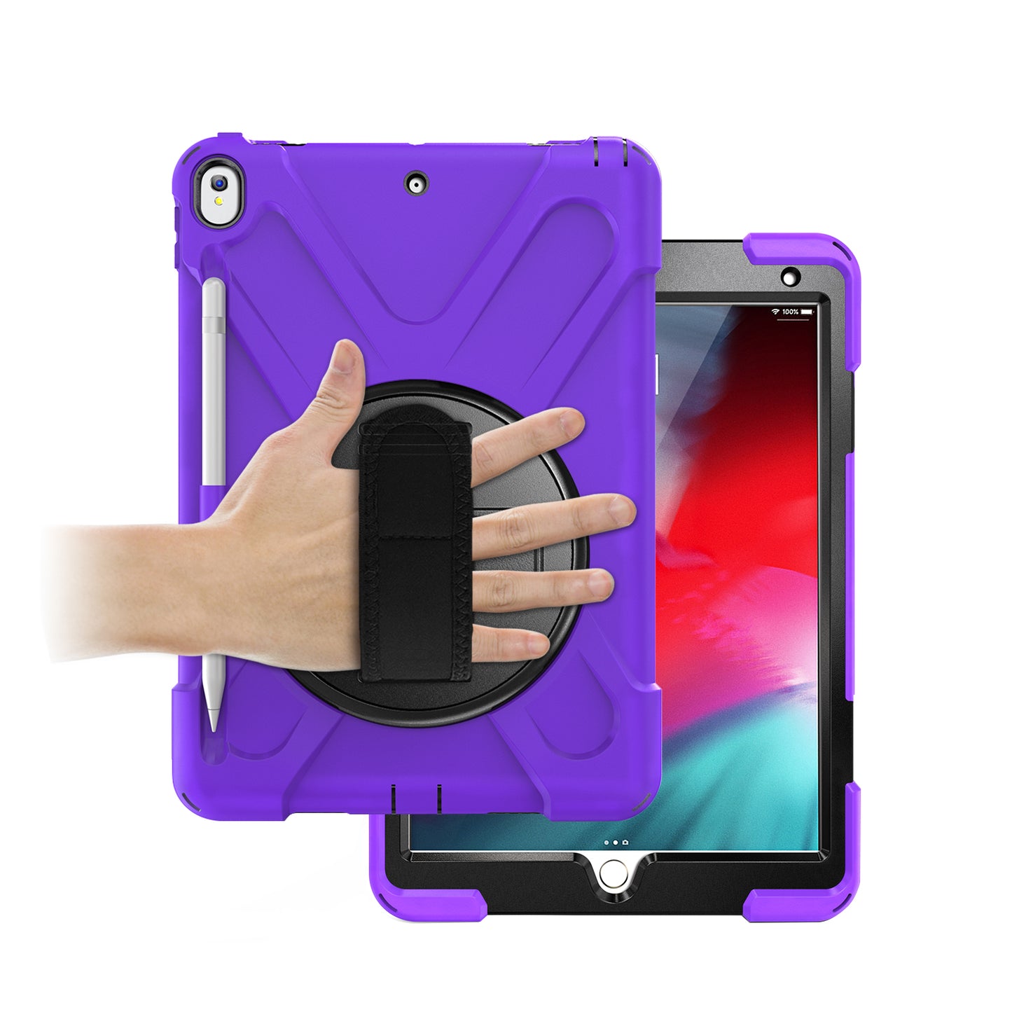 For iPad Air 10.5 inch (2019) [X-Shape] PC + TPU Combo 360 Degree Swivel Kickstand Case with Hand Strap and Shoulder Strap