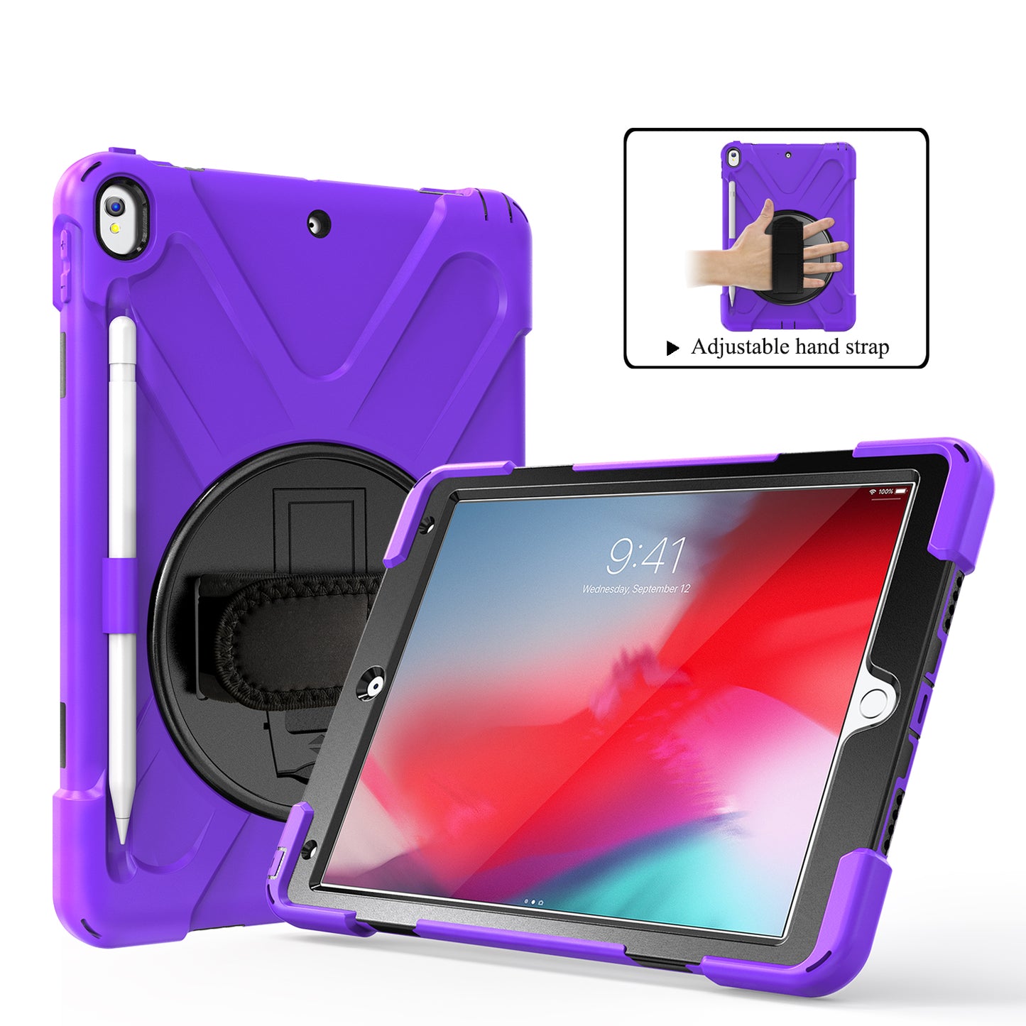 For iPad Air 10.5 inch (2019) [X-Shape] PC + TPU Combo 360 Degree Swivel Kickstand Case with Hand Strap and Shoulder Strap