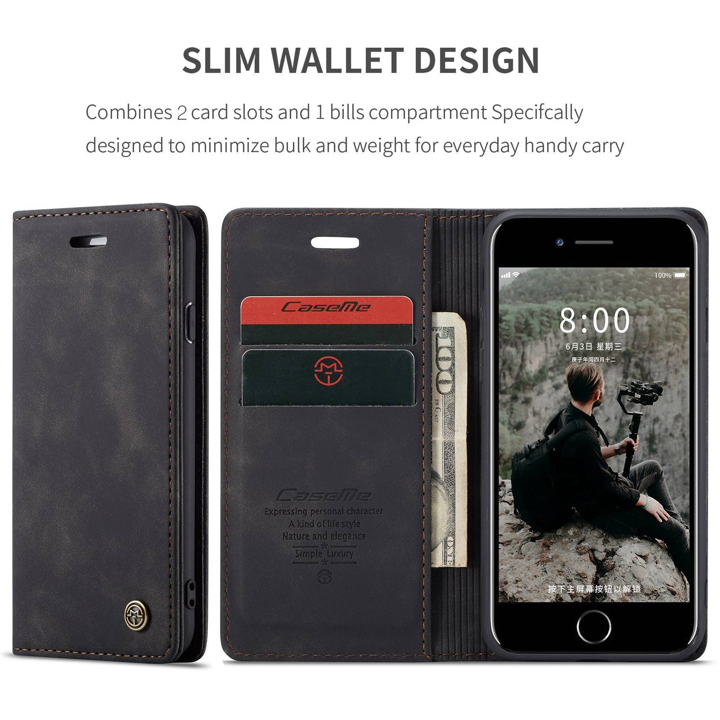 CASEME 013 Series PU Leather Mobile Phone Shell with Wallet Stand for iPhone 8/7/SE (2020)/SE (2022) 4.7 inch