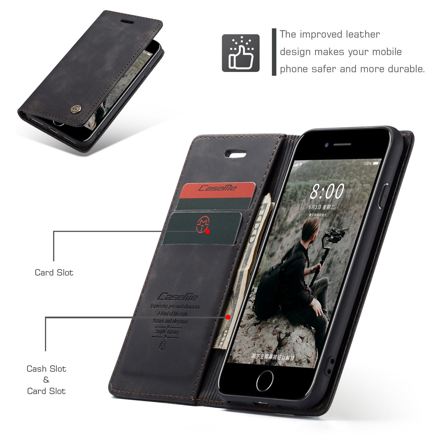 CASEME 013 Series PU Leather Mobile Phone Shell with Wallet Stand for iPhone 8/7/SE (2020)/SE (2022) 4.7 inch