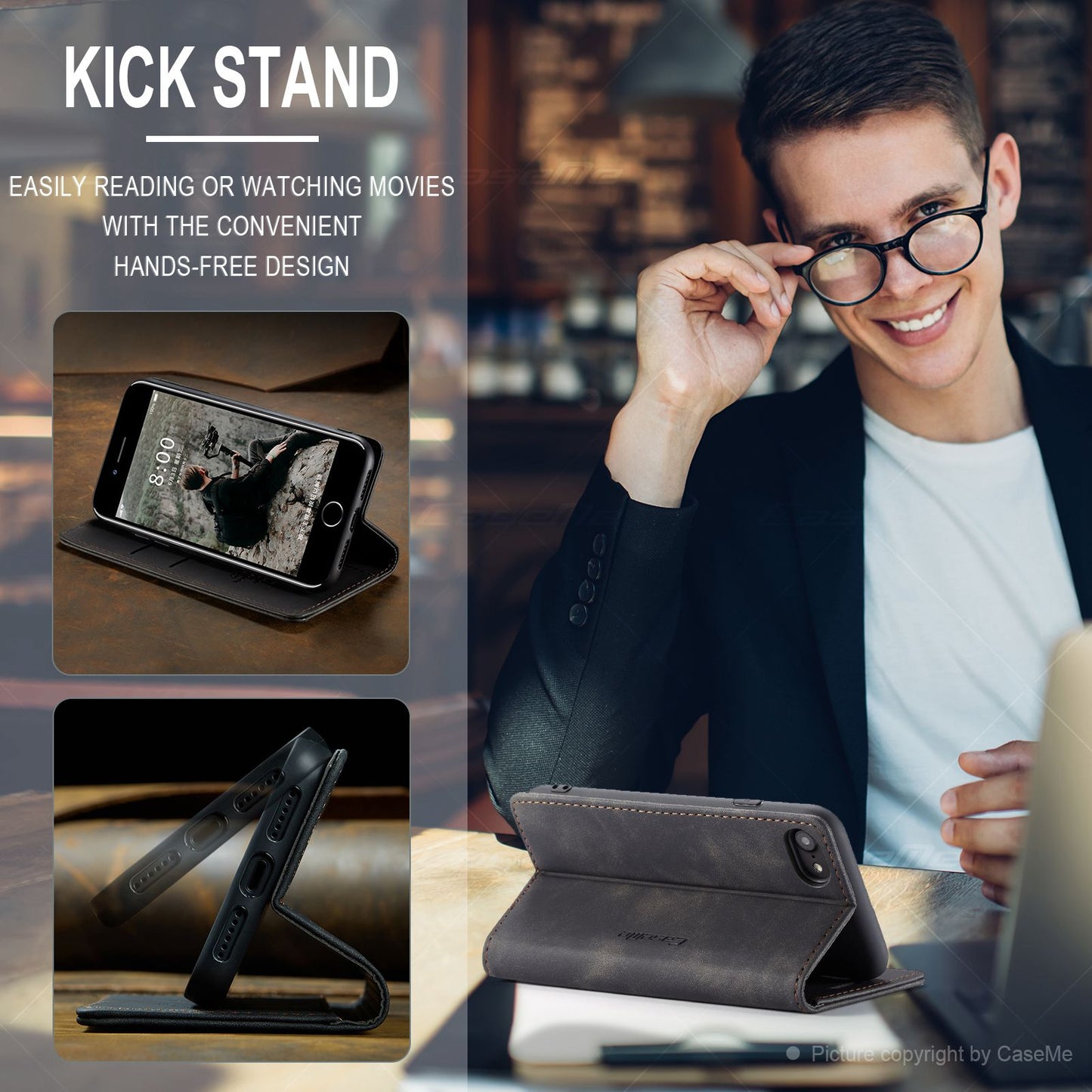 CASEME 013 Series PU Leather Mobile Phone Shell with Wallet Stand for iPhone 8/7/SE (2020)/SE (2022) 4.7 inch