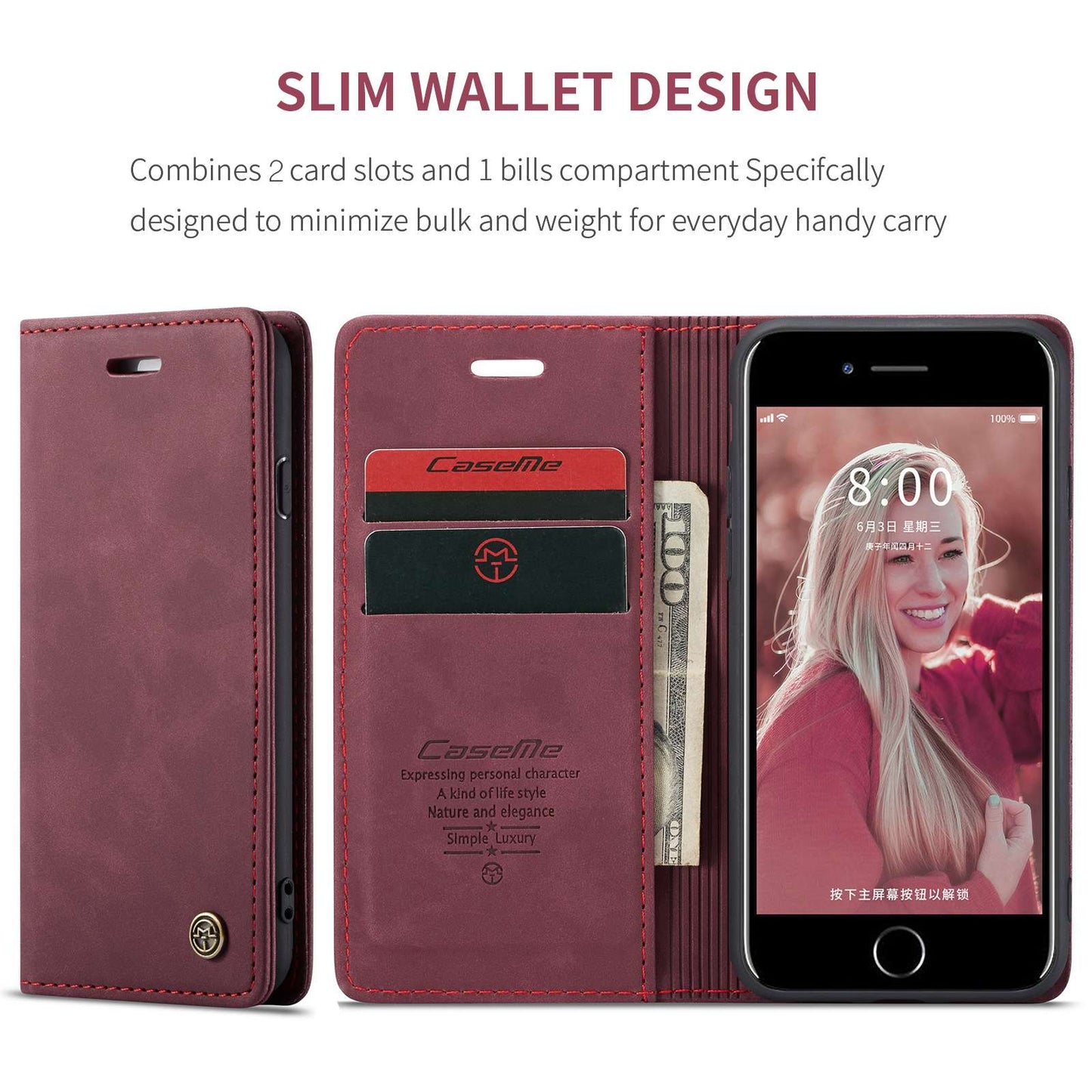 CASEME 013 Series PU Leather Mobile Phone Shell with Wallet Stand for iPhone 8/7/SE (2020)/SE (2022) 4.7 inch