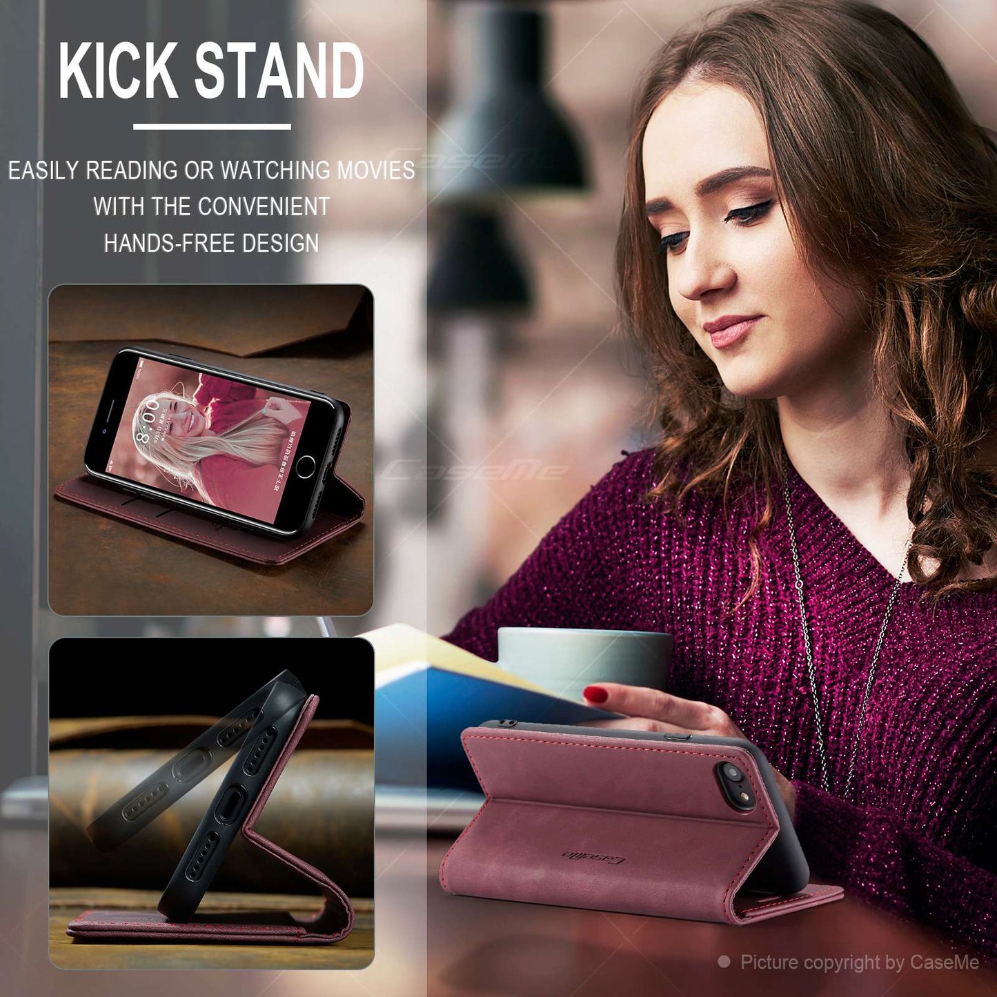 CASEME 013 Series PU Leather Mobile Phone Shell with Wallet Stand for iPhone 8/7/SE (2020)/SE (2022) 4.7 inch