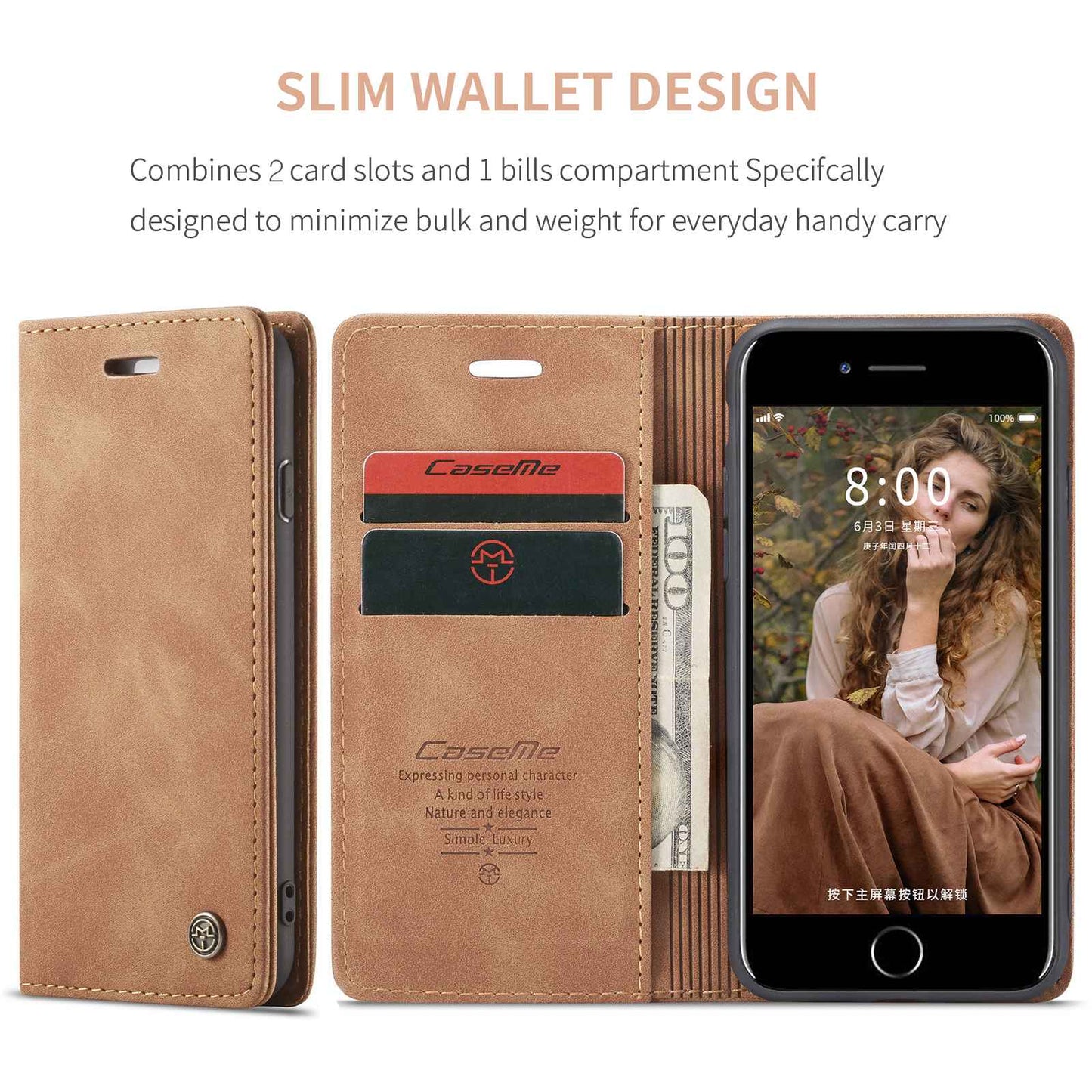 CASEME 013 Series PU Leather Mobile Phone Shell with Wallet Stand for iPhone 8/7/SE (2020)/SE (2022) 4.7 inch
