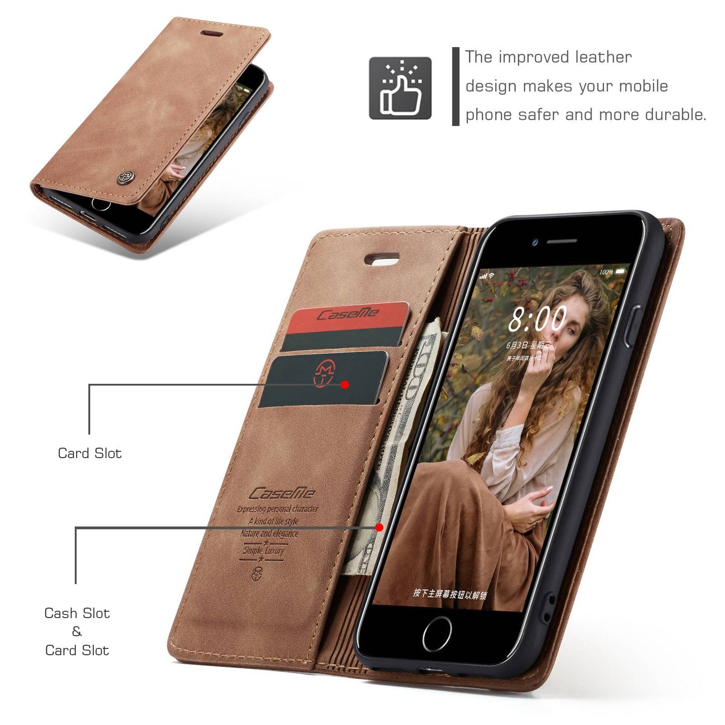 CASEME 013 Series PU Leather Mobile Phone Shell with Wallet Stand for iPhone 8/7/SE (2020)/SE (2022) 4.7 inch