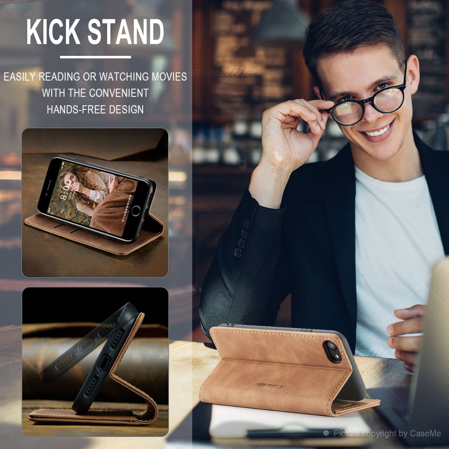 CASEME 013 Series PU Leather Mobile Phone Shell with Wallet Stand for iPhone 8/7/SE (2020)/SE (2022) 4.7 inch