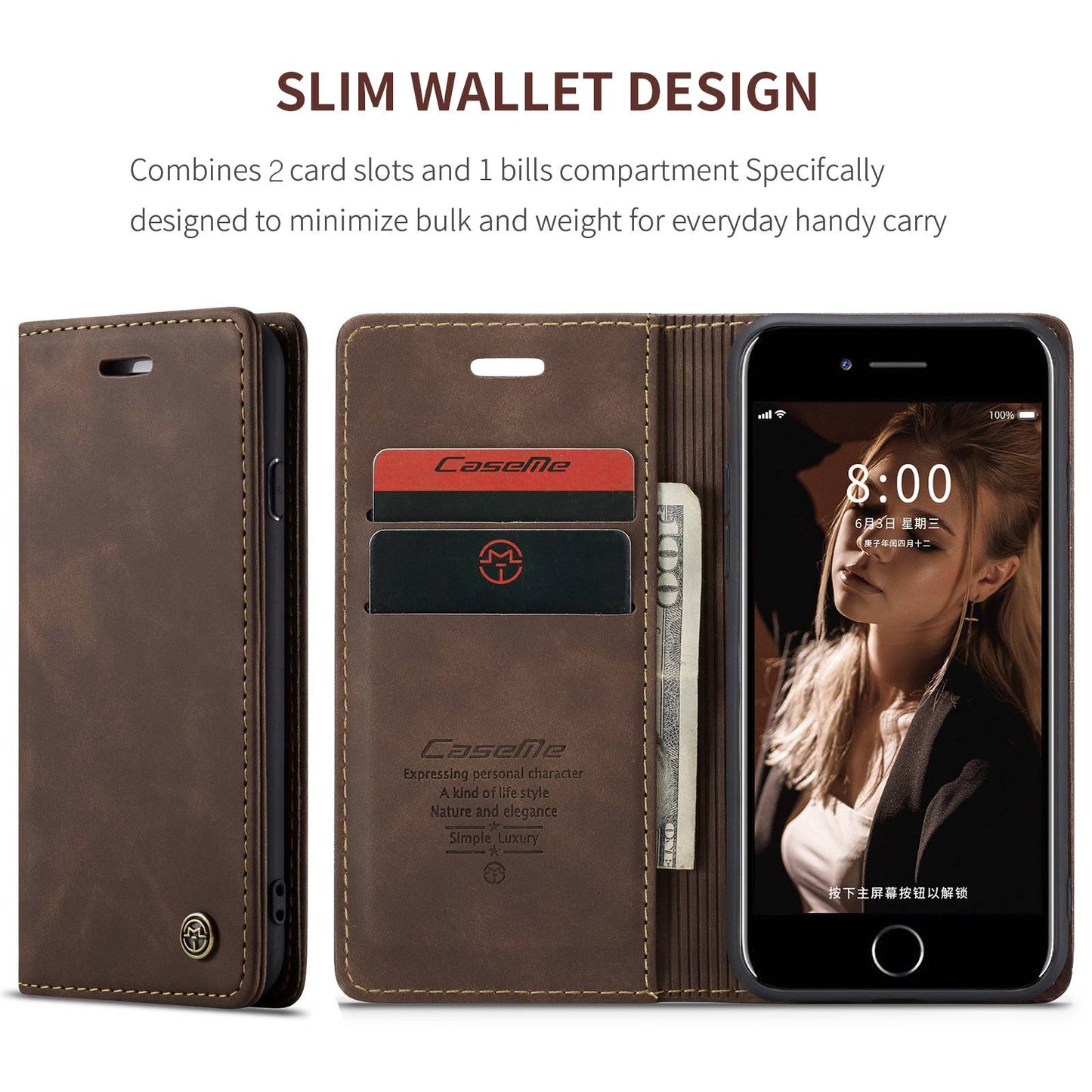 CASEME 013 Series PU Leather Mobile Phone Shell with Wallet Stand for iPhone 8/7/SE (2020)/SE (2022) 4.7 inch