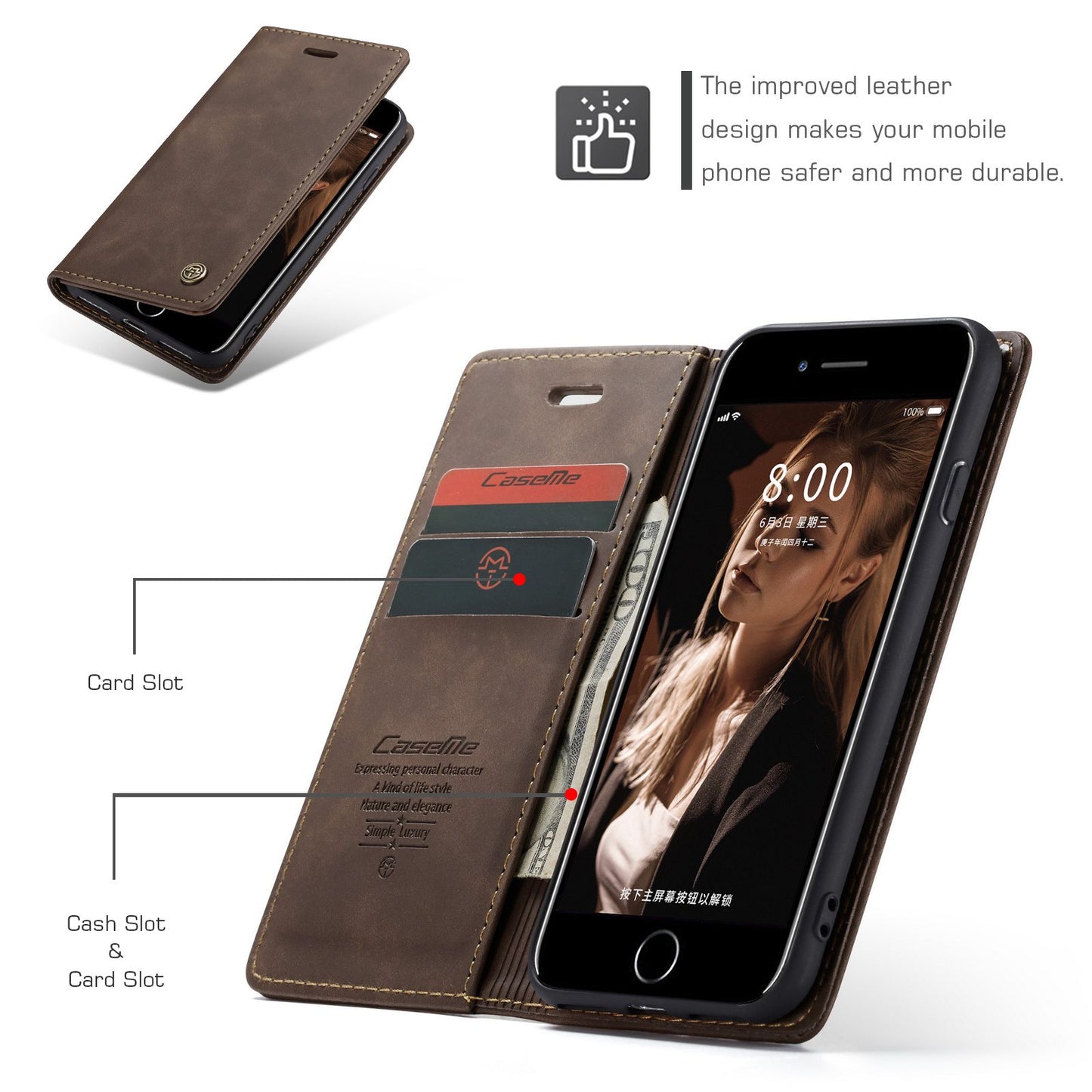 CASEME 013 Series PU Leather Mobile Phone Shell with Wallet Stand for iPhone 8/7/SE (2020)/SE (2022) 4.7 inch
