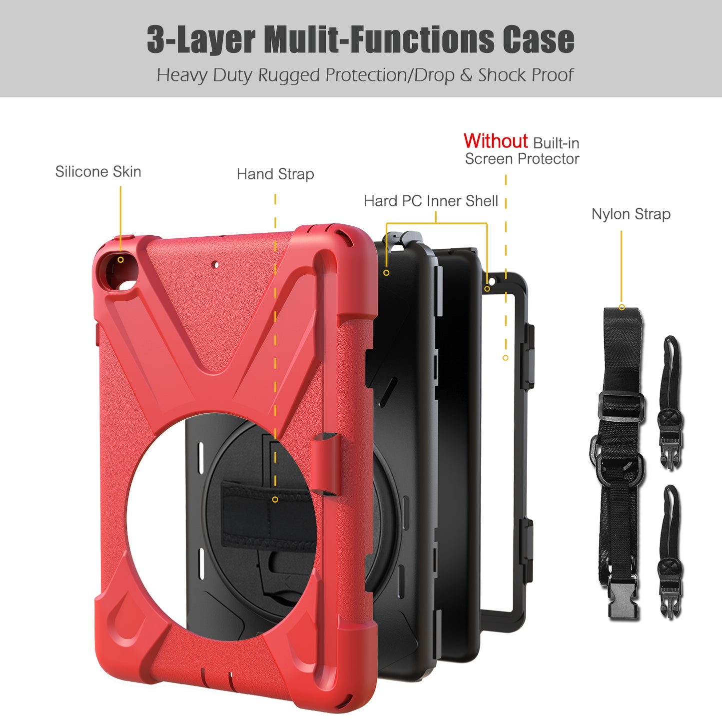 [X-Shape] PC + TPU 360-degree Swivel Kickstand Case with Hand Strap for iPad mini (2019) 7.9 inch / mini 4