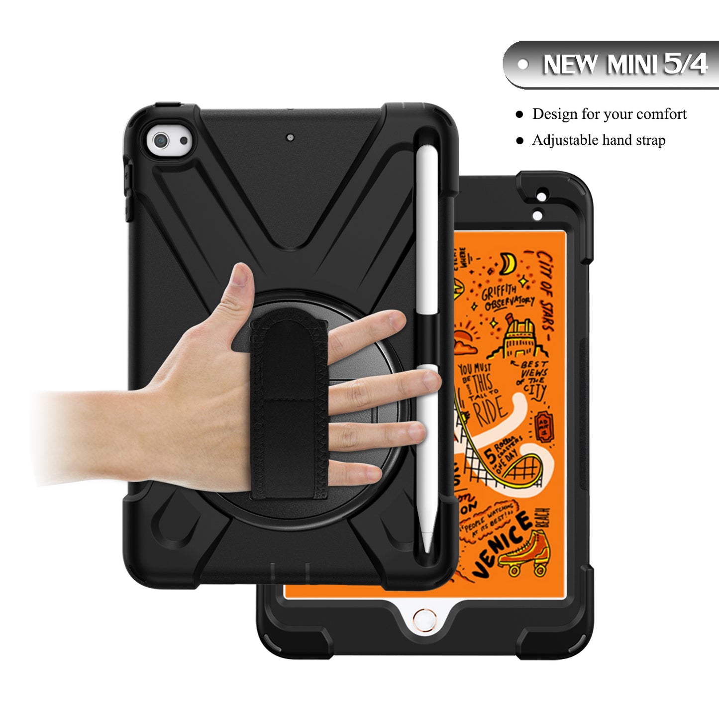 [X-Shape] PC + TPU 360-degree Swivel Kickstand Case with Hand Strap for iPad mini (2019) 7.9 inch / iPad mini 4