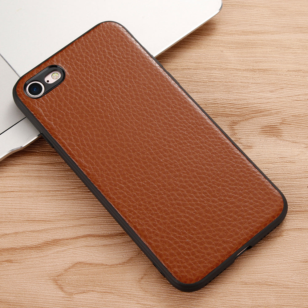 Litchi Texture Genuine Leather Skin Coated TPU Phone Case for iPhone 8/7/SE (2022)/SE (2020)