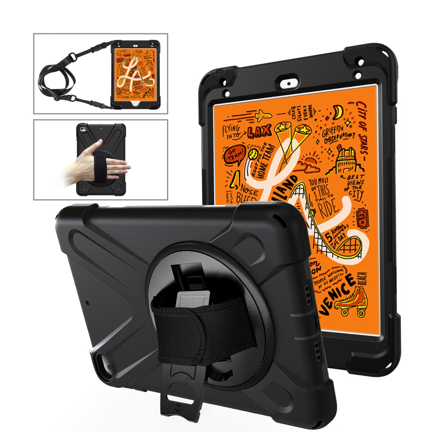 For iPad mini (2019) 7.9 inch / mini 4 X-Shape PC + TPU Rotary Kickstand Cover with Handstrap + Shoulder Strap