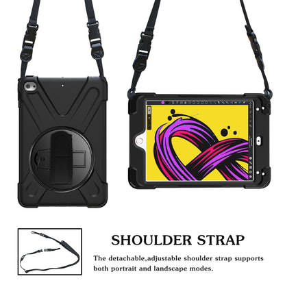 For iPad mini (2019) 7.9 inch / mini 4 X-Shape PC + TPU Rotary Kickstand Cover with Handstrap + Shoulder Strap
