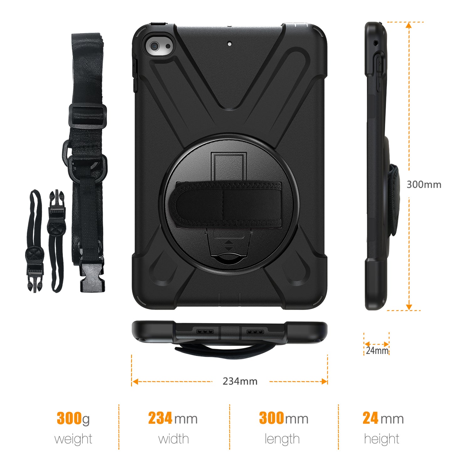 For iPad mini (2019) 7.9 inch / mini 4 X-Shape PC + TPU Rotary Kickstand Cover with Handstrap + Shoulder Strap