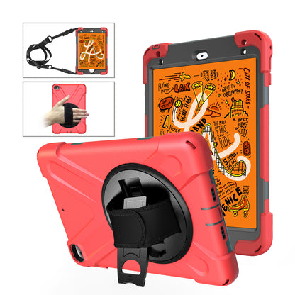 For iPad mini (2019) 7.9 inch / mini 4 X-Shape PC + TPU Rotary Kickstand Cover with Handstrap + Shoulder Strap