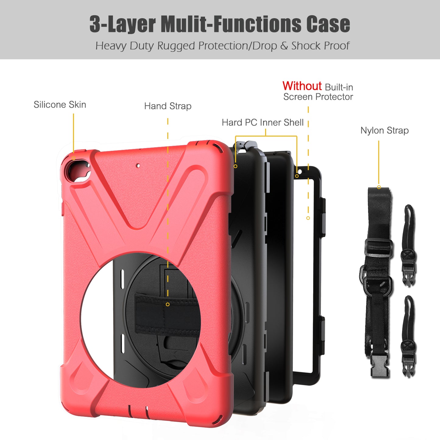 For iPad mini (2019) 7.9 inch / mini 4 X-Shape PC + TPU Rotary Kickstand Cover with Handstrap + Shoulder Strap
